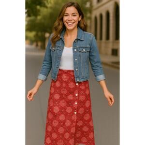 Coldwater Creek Red Linen Blend Midi Wrap Skirt Bandana Print Buttons PS